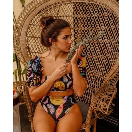 Puff Sleeves Bikini Set Bandeau Bikini Swimwear High Waist Women Swimsuit Female Bathing Suit Strappy Swimming Suit Beachwear