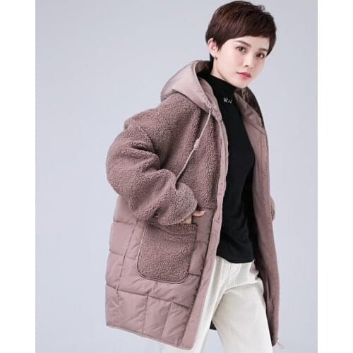 Casual Winter Coats Women Hooded Teddy Jacket Padded Female Long Loose Korean Lamb Wool Stitching Large Size Winter Clothing f24