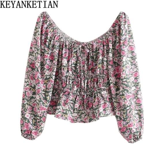 KEYANKETIAN Ladies Fashion Puff Sleeve Blouse Floral short shirt