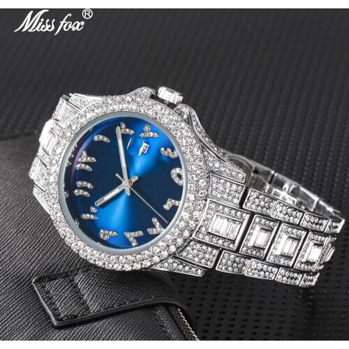 MISSFOX Mens Watch Top Selling Luxury Brand Blue Dial Men Fashion Watches Men Big Diamond Bracelet Gold Luxury Watch Men New