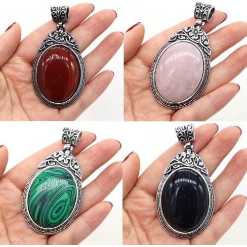 Natural Stone Pendants Oval Shape Crystal Lapis lazuli Antique Silver Alloy Charms for Jewelry Making DIY Necklace Gifts