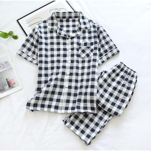 Summer Cotton Pijamas Women and Men Short-sleeved Pajamas Thin Cotton Crepe Sleepwear Plaid Couple Two Piece Lounge Wear Set