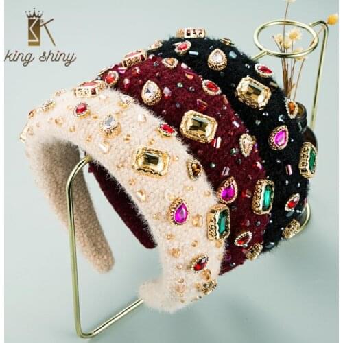 Luxury Colorful Crystal Beaded Headband for Woman Vintage Sparkly Rhinestone Sponge Knitted Velvet Hairband Girls Party Headwear