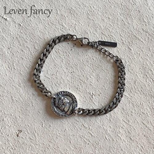 S925 British Medal Queen Coin Bracelets Women Jewelry 925 Sterling Silver Cuban Curb Chain Bracelets Bangles Women Wholesale