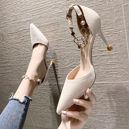 One Word Buckle Rhinestone Temperament Ladies High-Heeled Shoes Summer Fashion Casual Solid Color Sexy Stiletto Casual Shoes