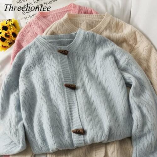 Korean Fashion Sweaters Women 2021 Autumn Casual Horn Single-breasted Cardigans Coats Solid Female Knitting Top Shirts