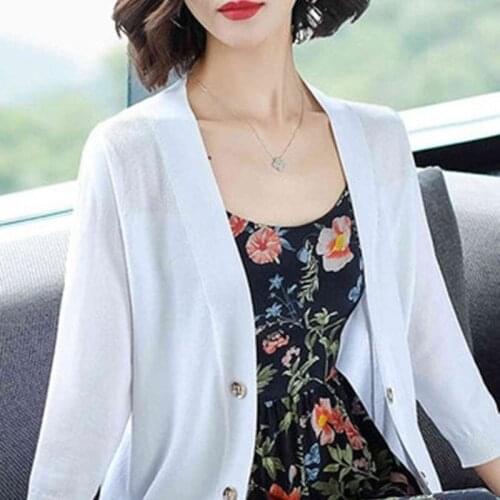 Women Simple Solid White Cardigan Spring Summer Thin Silk Knitted Cardigans Female Casual Loose Sweater Coat Jacket X270