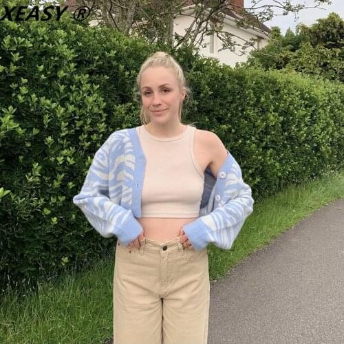 XEASY 2021 Women Fashion blue Jacquard Knitted Cardigan Vintage V-Neck Single-Breasted Female Chic Short Sweater Sweet Girl Top
