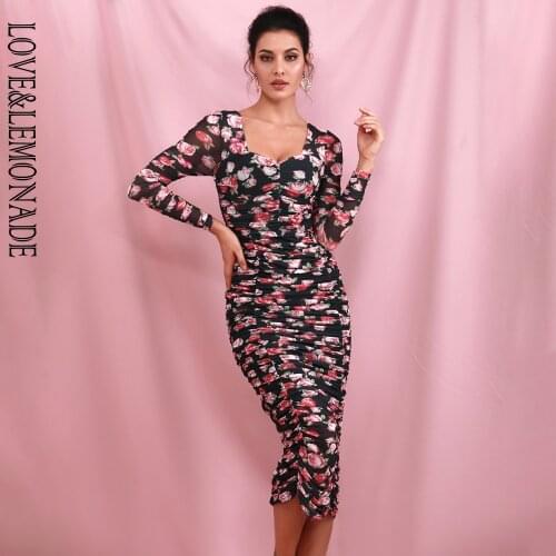 LOVE&LEMONADE Sexy Black Elastic Print Mesh Slim Long Sleeve Over-The-Knee Party Dress (With Lining) LM81941-1