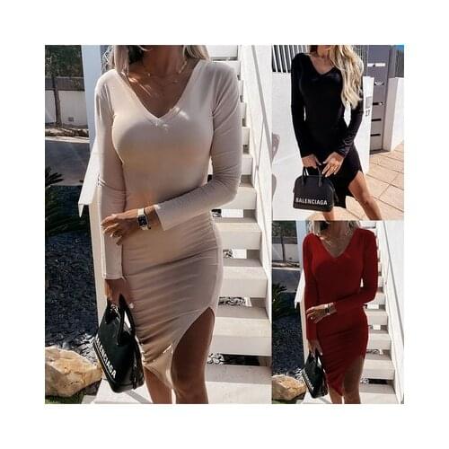 Ladies Elegant Pure Color Pullover Party Dress V-neck Long-sleeved Sexy Slim Midi Dresses Female Irregular Bodycon Dress Autumn