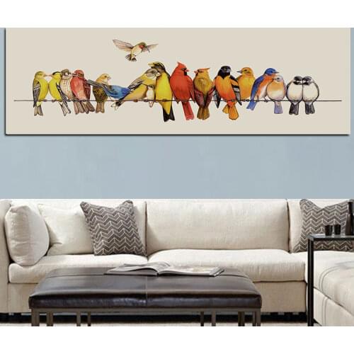 RELIABLI ART Animal Picture Horizontal Birds on the Lines Oil Canvas Painting Pop Art Poster for Living Room Bedroom Home Decor
