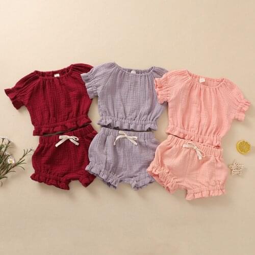 2021 Summer Baby Clothing 2PCS Newborn Baby Girl Solid Clothes Cotton Linen Tops Vest Shorts Pants 2PCS Kids Clothes Baby Outfit