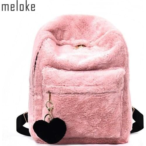 2020 Cute Solid Faux Fur Backpack Heart Pendant Winter Soft Womens Big Plush Backpack Pink Black White Rucksack