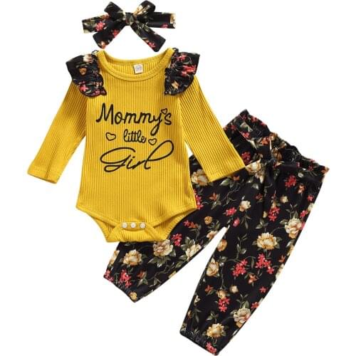 Infant Long-sleeved Romper + Trousers + Bow Headband, Floral Butterfly Print Elastic Waist Spring Clothing