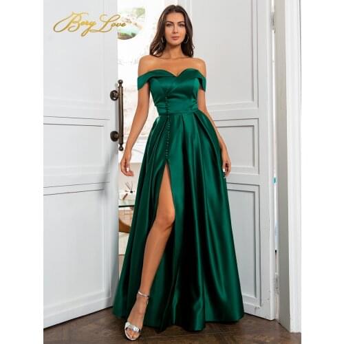 Berylove A Line Off Shoulder Evening Dress Long Sexy Button Party Gown Elegant High Waist Prom Dress Side Slit Robe De Soiree