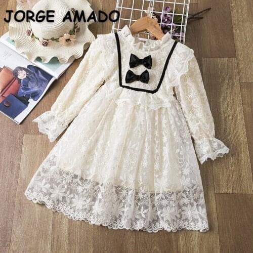 2021 New Spring Teenager Girls Dress Long Puff Sleeves Lace Two Bow Dresses Children Sweet Style Kids Clothes E2221