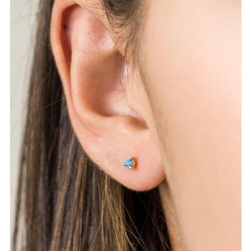 Elegant Small Round White Blue Fire Opal Stud Earring Real 925 Sterling Silver tiny Jewelry dainty mini cute Earrings For girl