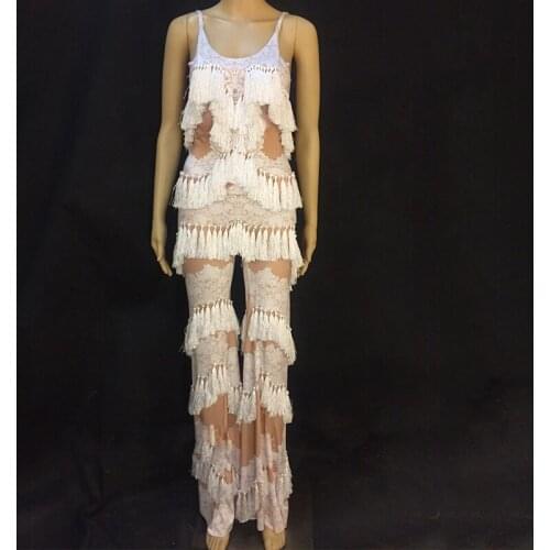 Nude Sexy Sleeveless Bodysuit Cosplay White Tassel Jumpsuit Performance Womens Stage Clothing Show Party Dance Wear DNV10827