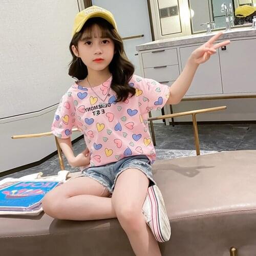2020 Fashion Teen Girl Clothing Set Summer Baby Girls Clothes Short Sleeve Print Heart Tops + jean Shorts Children Clothing