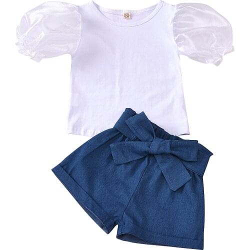 1-5Y Toddler Baby Kid Girls Clothes Set Mesh Puff Sleeve T shirt Tops Bow Shorts Outfits Summer Children Costumes