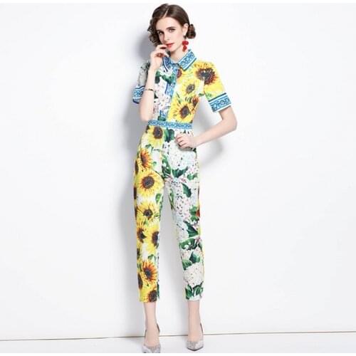 2021 summer Fashion Sunflower Hydrangea Print 2 Piece Sets turn down collar Short Sleeve Shirt Tops + Pencil pants sets