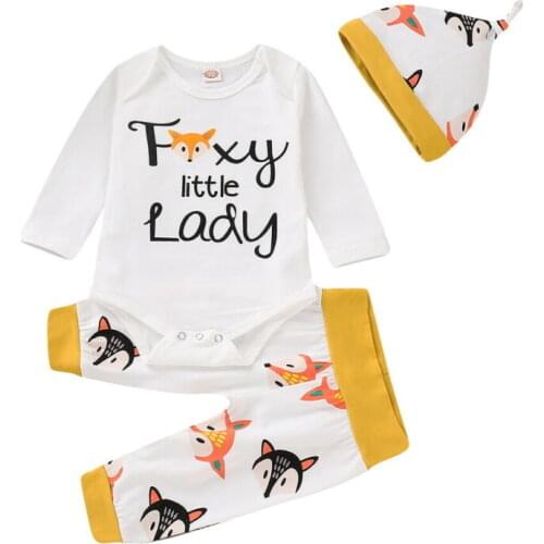 3PCS Newborn Infant Toddler Baby Girl Clothes Set Hat + Jumpsuit Bodysuit + Long Pants Cartoon Fox Outfit Baby Casual Clothes