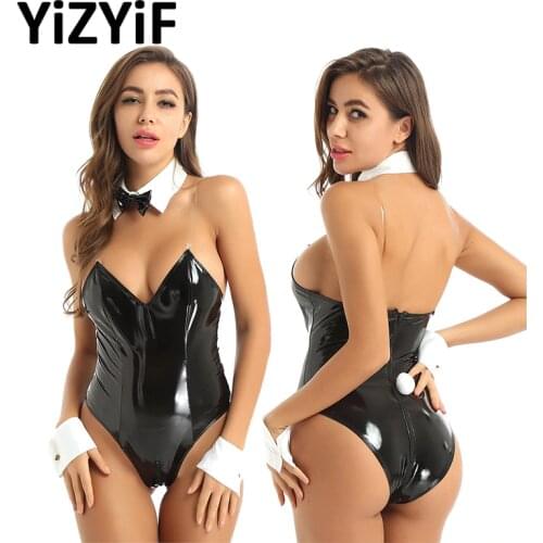 Womens Naughty Bunny Girl Cosplay Role Play Costumes Sexy Lingerie Set Patent Leather Teddy Bodysuit with Collar Wrist Cuffs