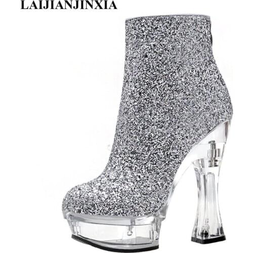 LAIJIANJINXIA New Sequins Women Boots Sexy Ankle Boots Waterproof Platform Party Club Model 14cm High Heels Pole Dancing Shoes