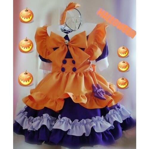 Cute Girls Japanese Maid Dress Holloween Party Pumpkin Feel Bows Lolita Cosplay Costume