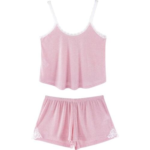 Fashion Pink Camis Tank Tops Lace Patchwork Sexy Shorts Lingerie Women 2pcs Pajamas Sets Spring Summer Loose Nightgown Female