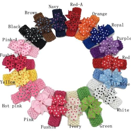 2017 Fashion Style 18pcs/lot 3inch Dot Ribbon Bows Headbands For Girls 18Colors Nylon Crochet Hairband Childrens Bands