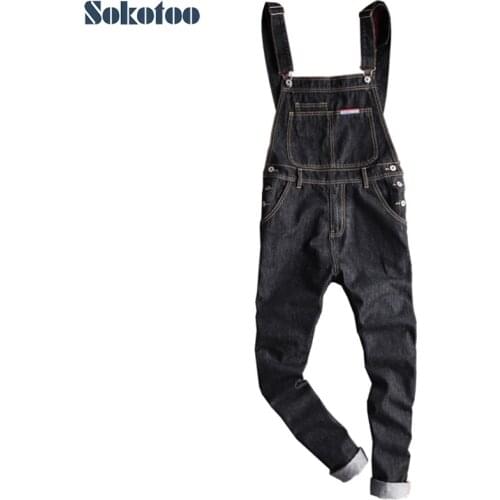 Sokotoo Mens slim patch pocket denim bib overalls Casual black suspenders jumpsuits Jeans