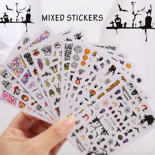 12 Pcs Halloween Nail Art Water Sticker Set Pumpkin Skull Witch Bone Decals Gel Polish Slider Accessories Nail Decorations TZ18Y