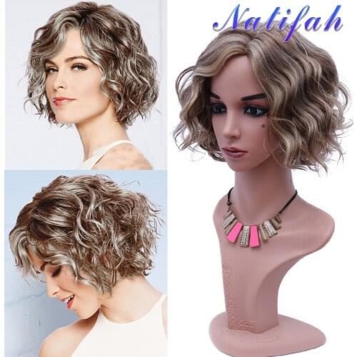 Natifath Short golden Brown Wig Synthetic Wigs with Bangs for Women Water Wave Natural Bob Wigs Heat Resistant False Hair