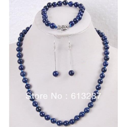 Natural Stone 8mm Blue Lapis Lazuli Round Beads Chain Necklace Bracelet Earrings For Women Jewelry Set 18"/7.5" MY5009