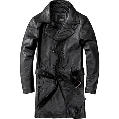 New Genuine Leather Coat Mens Cowhide Jacket Mid-Length Head Layer Cowhide Windbreaker Belted Cowhide Coat for Male