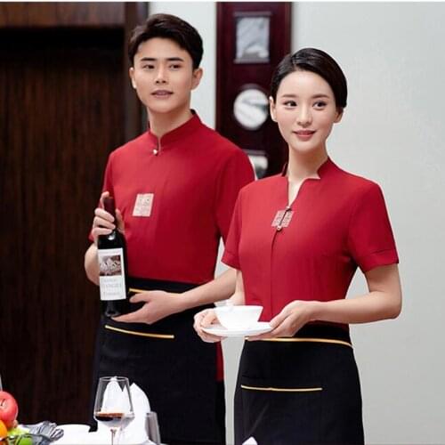 Dining Waiter Workwear Summer Cafe Hot Pot Shop Restaurant Women Waitress Uniform Coat Short Sleeve Breathable Overalls H2177