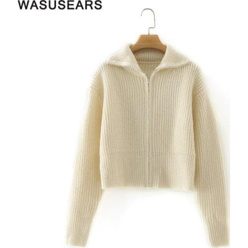 Solid long sleeve loose sweaters ladies turn down collar sweater casual zip up sweater women spring autumn sweater coat 2020