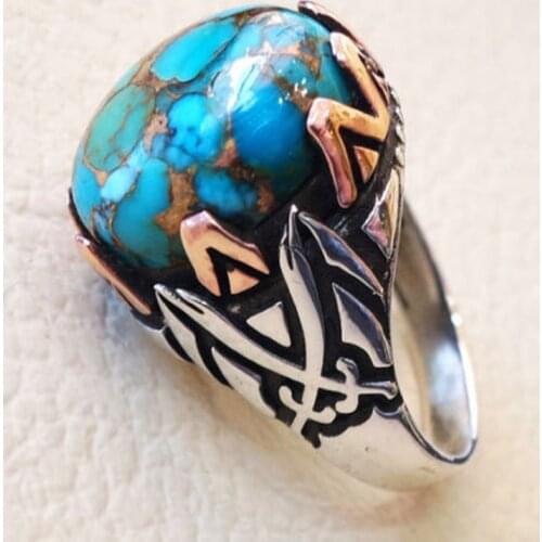 YSDLJG Luxury mens cocktail ball ring turquoise gemstone Classical jewelry Size 6-10