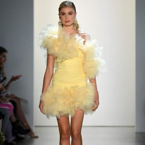 Sexy Yellow Mini Dress for Women One Shoulder Ruffled Tulle Prom Gown Party Dresses Cocktail Wear vestidos de cóctel Gala Dress