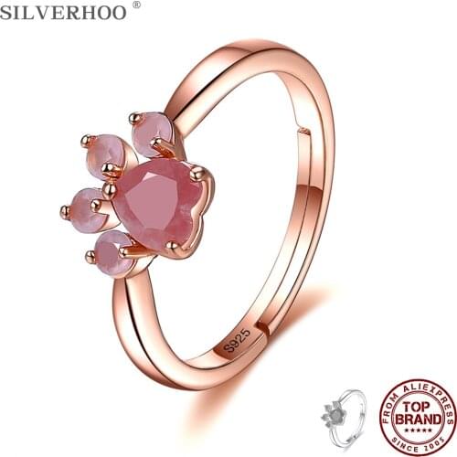 SILVERHOO Adjustable Opening Sterling Silver 925 Rings For Women Pink Zircon Rose Gold Color Ring Anniversary Fine Jewellery