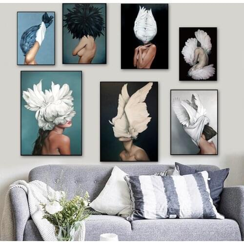 Nordic Modern Floral Feather Woman Abstract Fashion Style Canvas Print Wall Art Poster Picture Living Room Home Decor