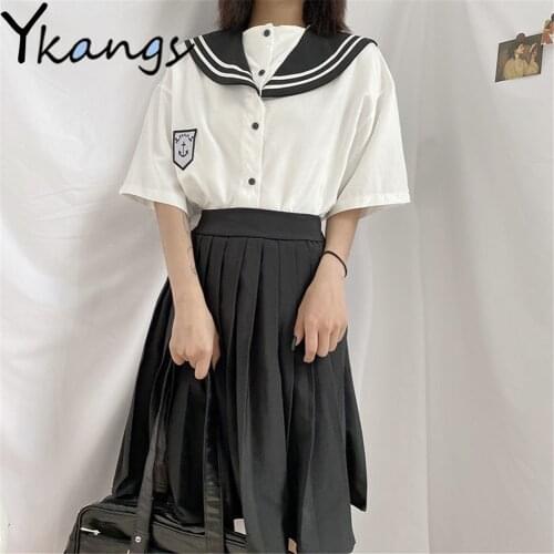 Fresh Sweet Loose Sailor Collar Tops+Japanese Preppy Style Black Pleated Midi SkirtSuit Summer New Cute Girl Harajuku Clothing