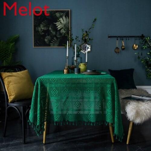 Dark Green Table Cloth Vintage American Crochet Hollow Artistic Pink Tassel Table Cloth Room Decor Aesthetic Table Cloth