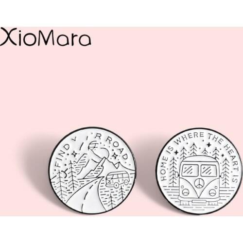 Adventure Pin Mountain Forest Road Bus Explore Nature Bus Enamel Pin Travel Jewelry Button Badge Brooch Women Men Outdoorsy Gift