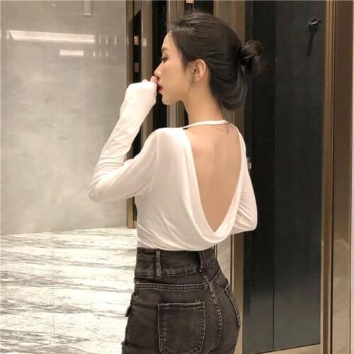 Female Solid Casual T-shirt Halter Elegant O-Neck Sexy Ladies T Shirt Fashion Backless Long Sleeves Slim Women Black White Tops