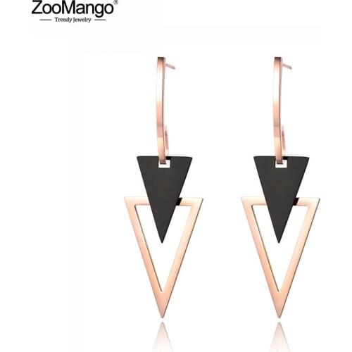 ZooMango Stainless Steel Double Triangle Dangle Earrings Jewelry For Women Rose Gold Geometry Anniversary Earrings ZE19036