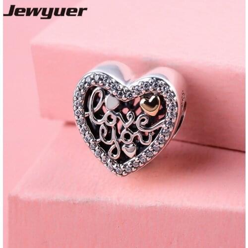 Love Script charms 925 sterling silver fine jewelry with gold heart fit charm bead bracelet pendant diy For women Memnon GD104