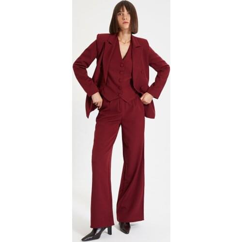 Burgundy Button Detailed Blazer Jacket-Buttoned Vest and Wide Leg Trousers Pant Suits Plus Size Womens Elegance Office Style