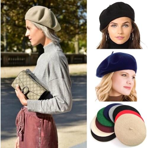 Lady Autumn Winter Berets Hat Painter style hat Women Wool Vintage Berets Solid Color Caps Female Bonnet Warm Walking Cap beanie
